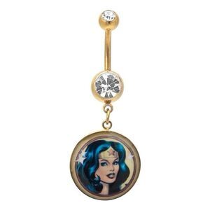 Wonder Woman Belly Ring 14G 1/2” CZ Dangle |Gold Plated Navel Jewelry| DC Comics